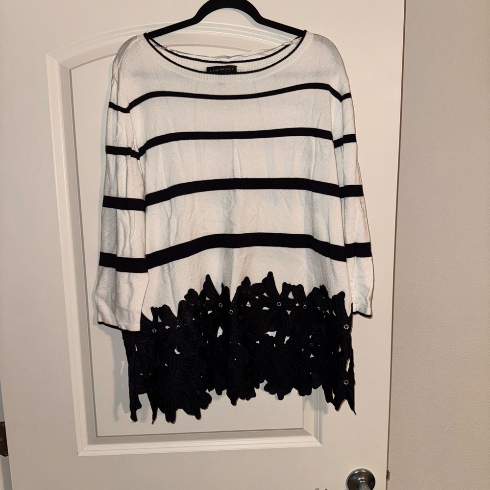 Lane Bryant Cream and Blue V-Neck Sweater